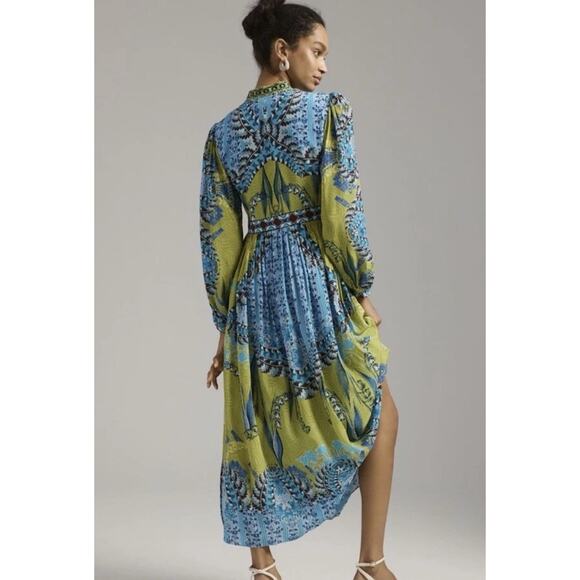 ANTHROPOLOGIE Bhanuni by Jyoti Patterned Maxi Dress 12 Green Blue Beaded NWT - Picture 3 of 11